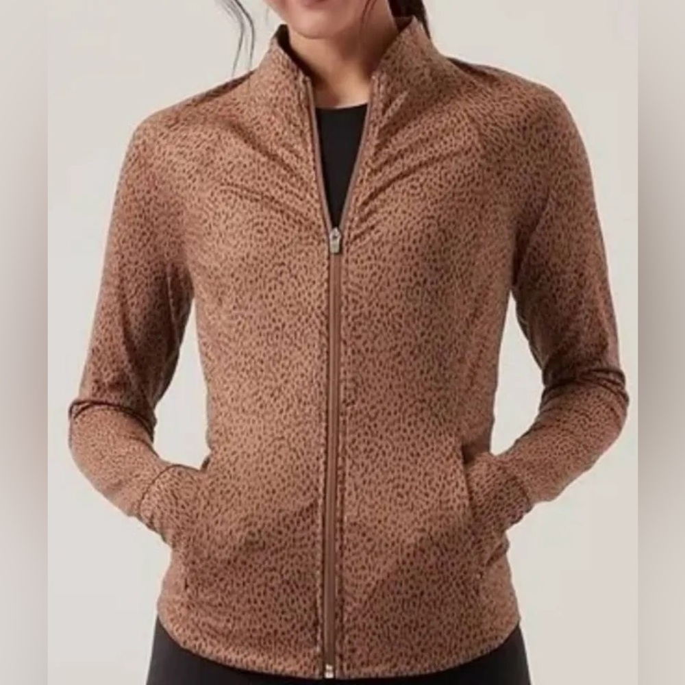 Athleta Salutation Jacket Small Petite / SP Zip Up Brown Speckled Animal Print